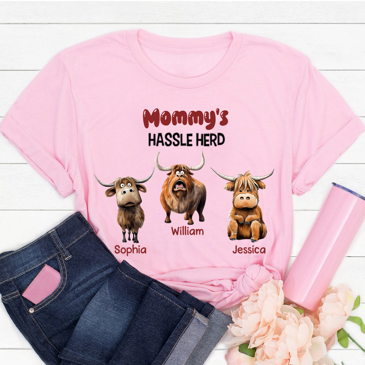 Personalized Gifts For Mom Pure Cotton T-shirt, Funny Highland Cow Hassle Herd