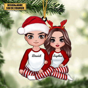 Christmas Doll Couple Sitting Hugging Personalized Acrylic Ornament