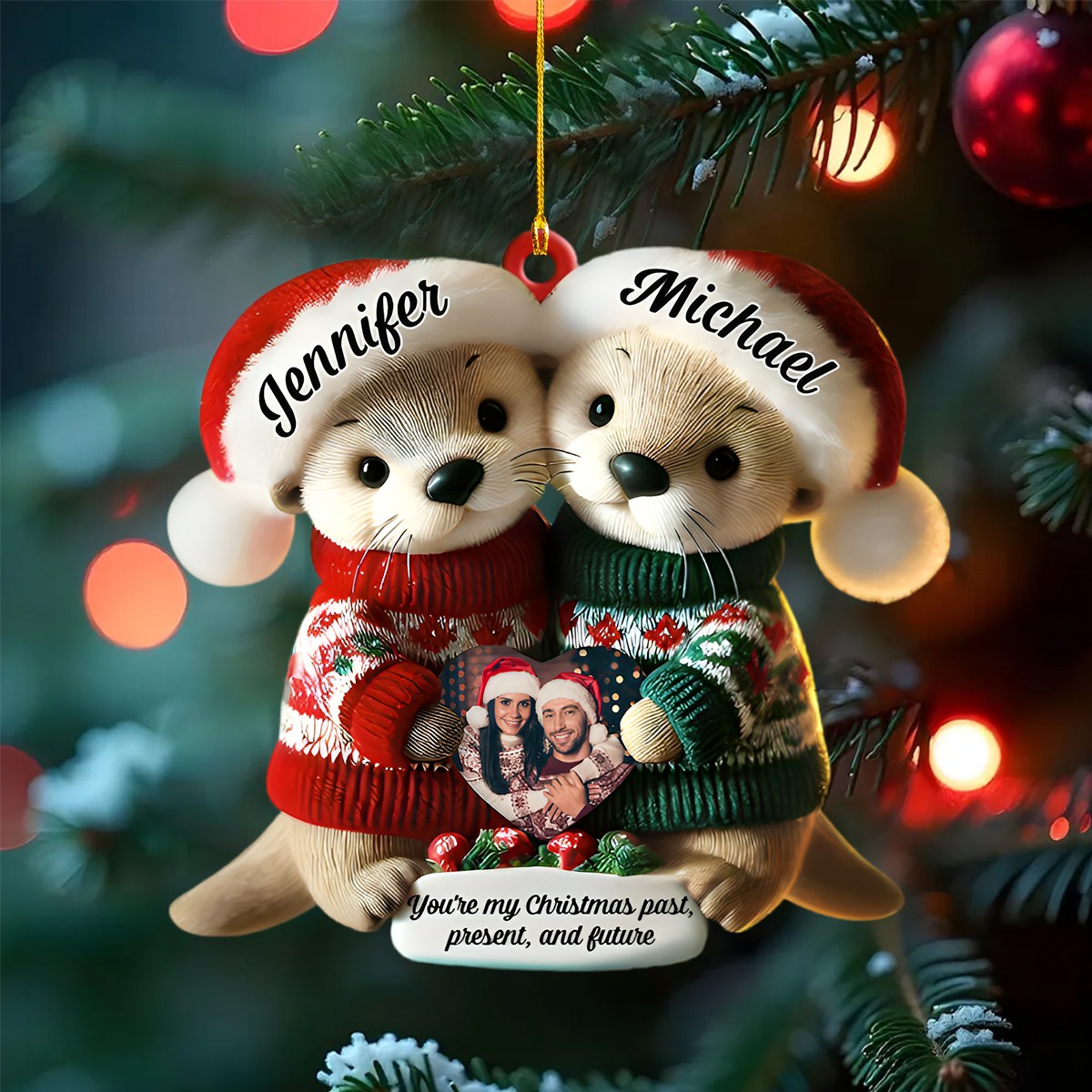 Custom Name & Photo Christmas Otter Couple Personalized Ornament