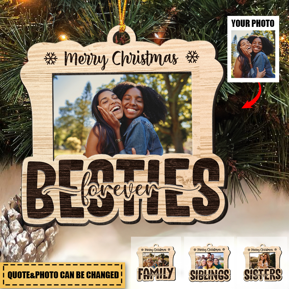 Besties Forever Merry Christmas - Personalized Wooden Photo Ornament With Bow
