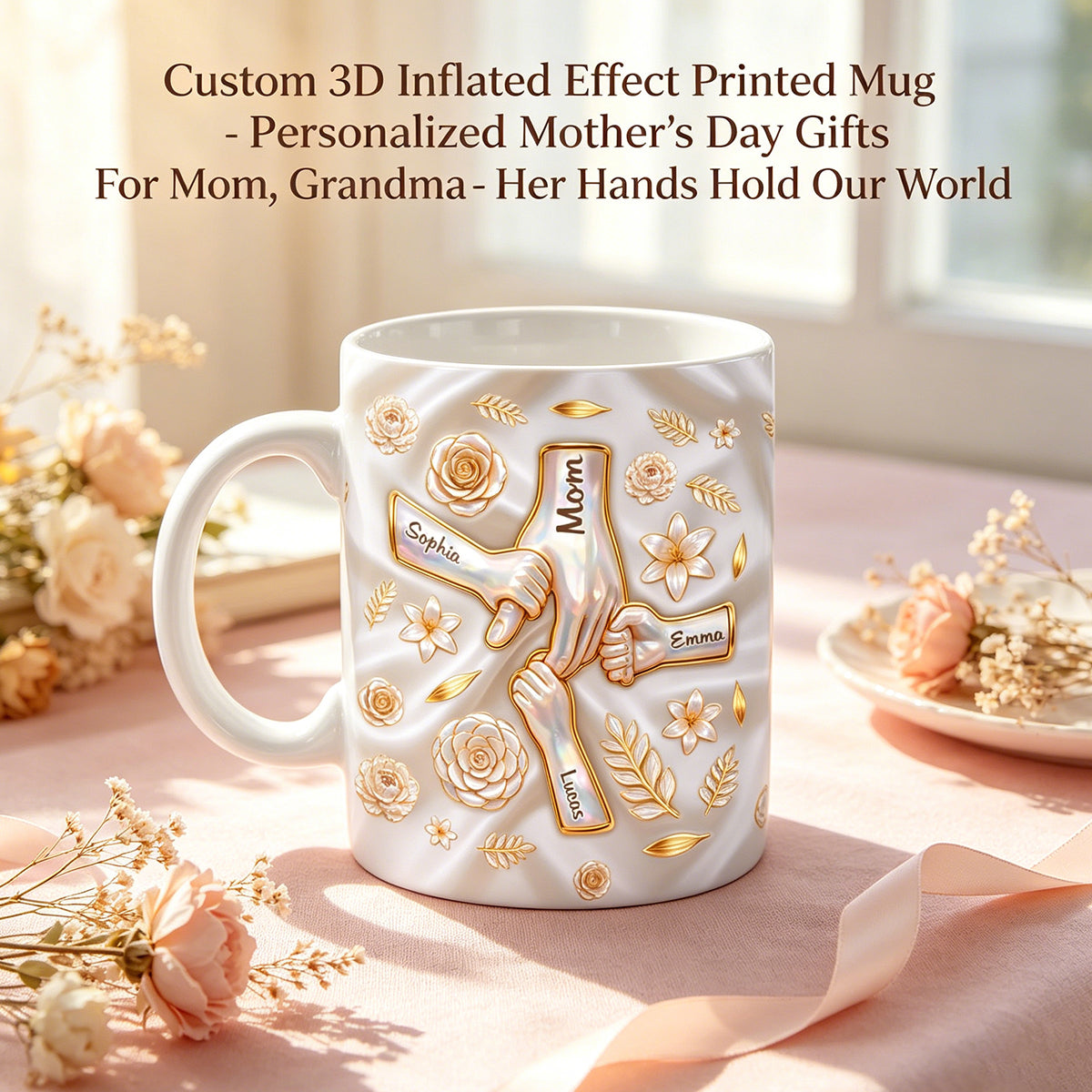 Custom 3D Inflated Effect Printed Mug - Personalized Mother's Day Gifts For Mom, Grandma - Her Hands Hold Our World