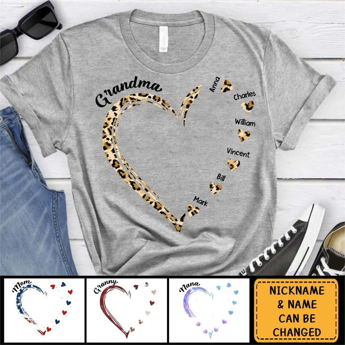 Grandma and Grandkids Hearts Personalized Pure cotton T Shirt