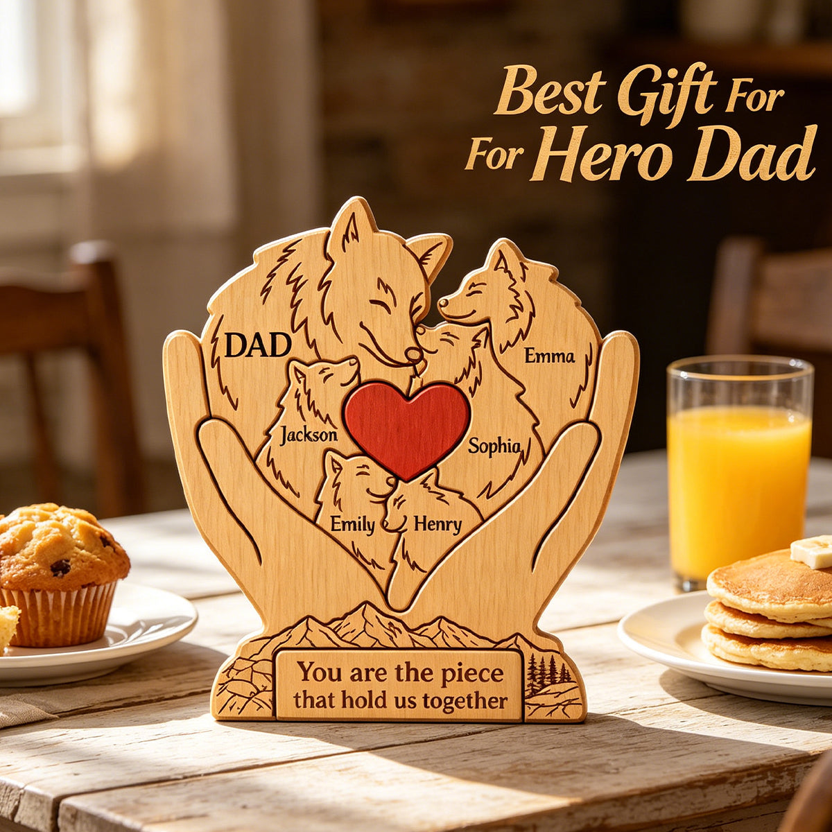 Personalized Wooden Art Puzzle – "Family First, Pack Forever" – Father's Day Gift For Dad & Grandpa