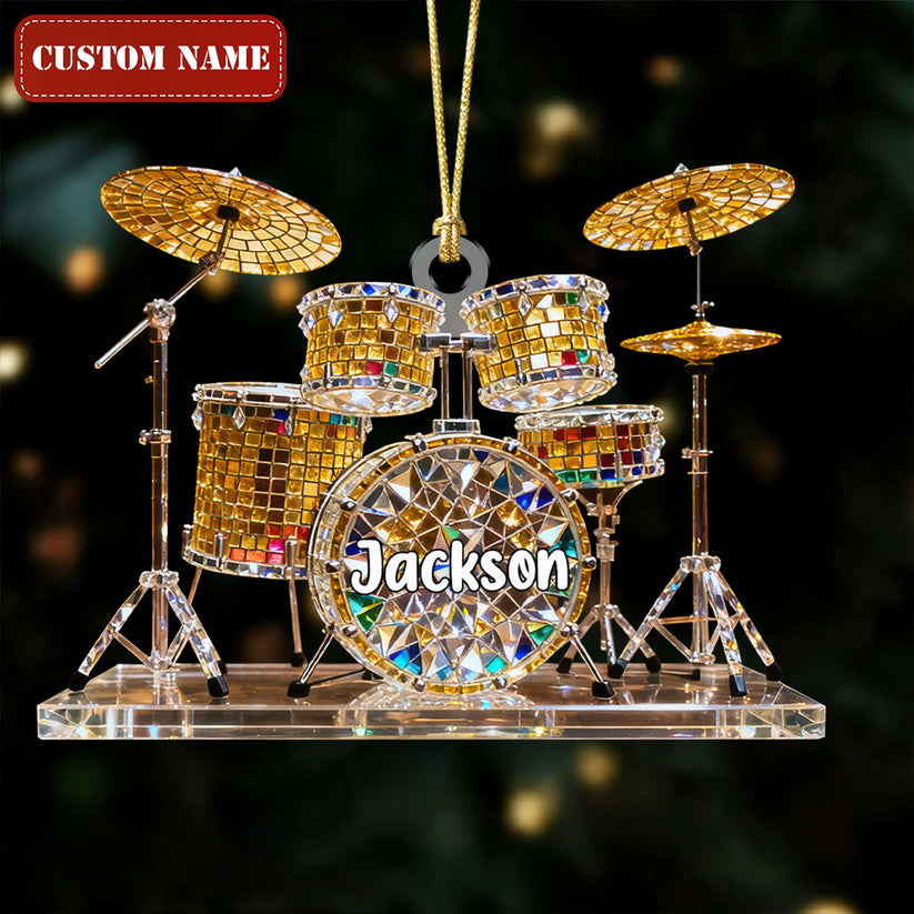 Drum Set Custom Name Stained Glass Effect Acrylic Christmas Ornament, Presents For Drummers