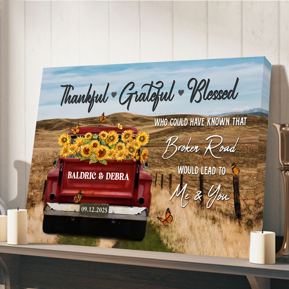 Personalized Canvas Prints - Rustic Farmhouse Red Truck, Customized Anniversary Couples Gifts, Thankful, Grateful, Blessed
