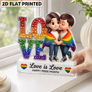 Pride Month Gift for LGBTQ+ Couple – Personalized "Love Is Love" Acrylic Block Plaque