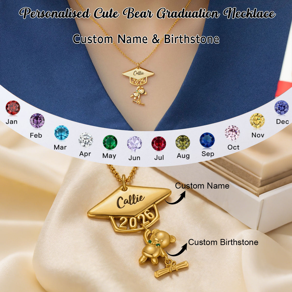 Class of 2026 Graduates Engraved Name and Birthstone Personalised Cute Bear Graduation Necklace