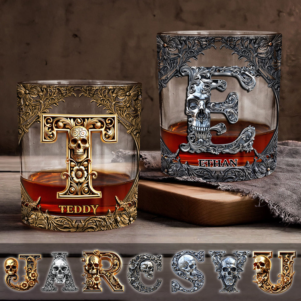 Skull Name Initial Letter - Personalized Whiskey Glass