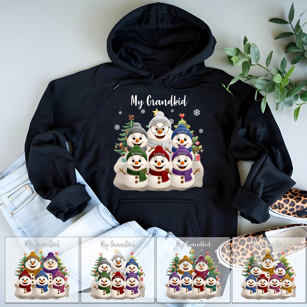 Grandma Snowman With Grandkids Lovely - Personalized Pure Cotton Hoodie