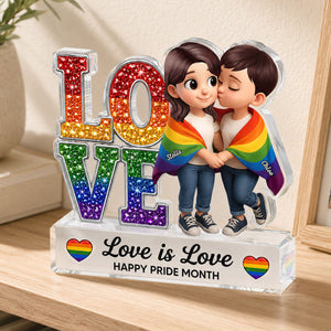 Pride Month Gift for LGBTQ+ Couple – Personalized "Love Is Love" Acrylic Block Plaque
