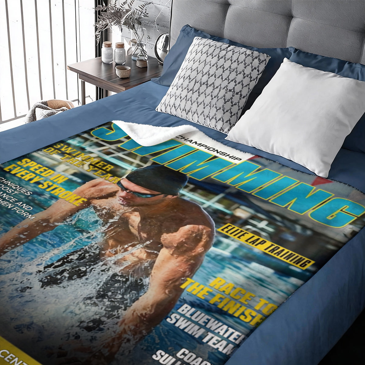 Personalized Swimming Magazine Cover Blanket, Swimming Athlete Gift, Unique Gifts For Swimmers