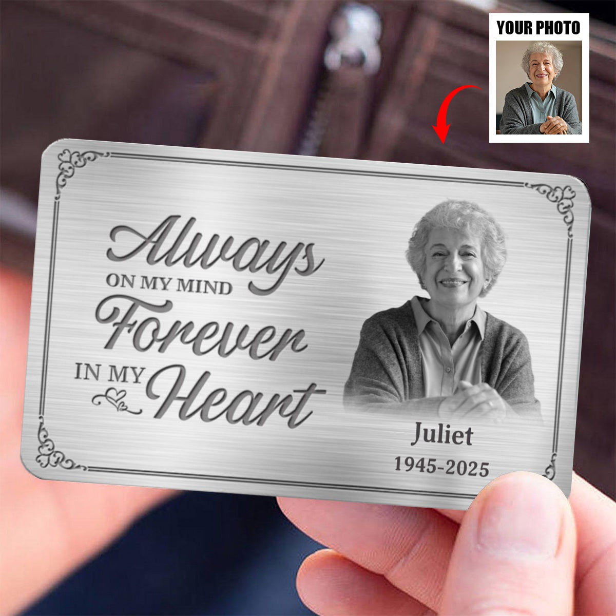 Always On My Mind Forever In My Heart - Custom Photo Memorial Personalized Aluminum Wallet Card, Sympathy Gift