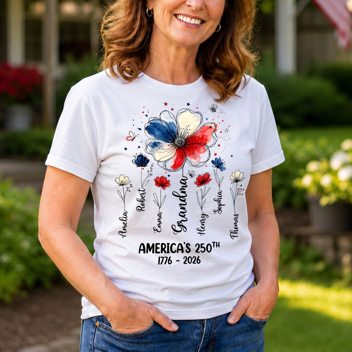 Personalized "Proud Mom & Grandma" Shirt – American 250th Anniversary Flowers | Gift For Mom & Grandma