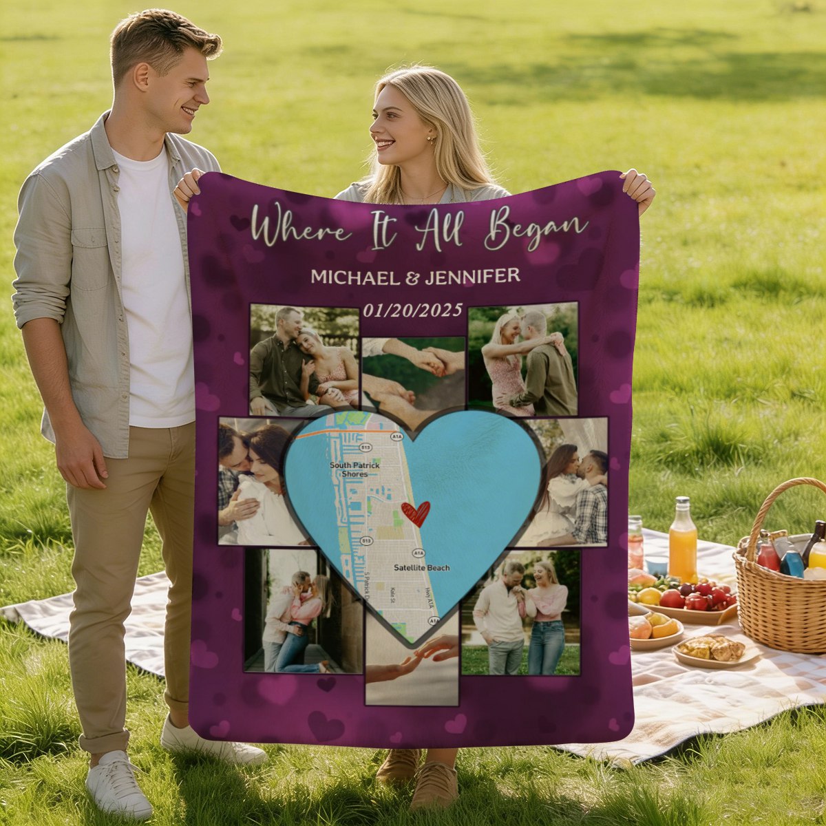 Custom Picture Collage Blanket With Location Map, Personalized Where It All Began Gift, Blankets For Couples