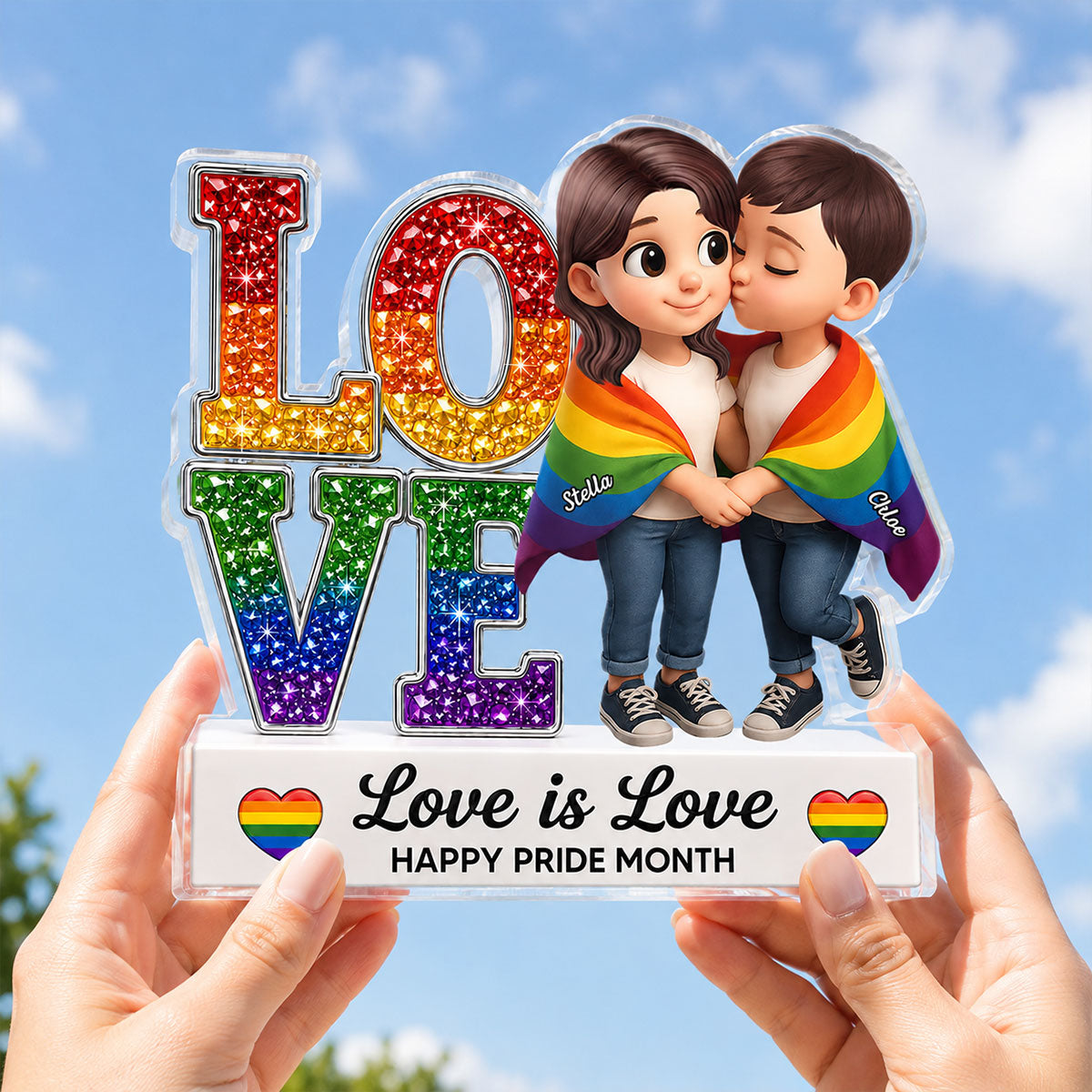 Pride Month Gift for LGBTQ+ Couple – Personalized "Love Is Love" Acrylic Block Plaque