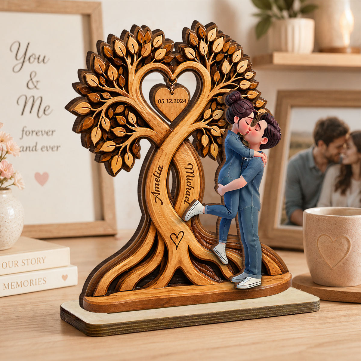 Anniversary Gift For Him & Her – Personalized "Couple Kissing Under Heart Tree"  Wooden Plaque