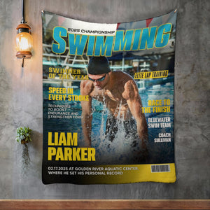 Personalized Swimming Magazine Cover Blanket, Swimming Athlete Gift, Unique Gifts For Swimmers