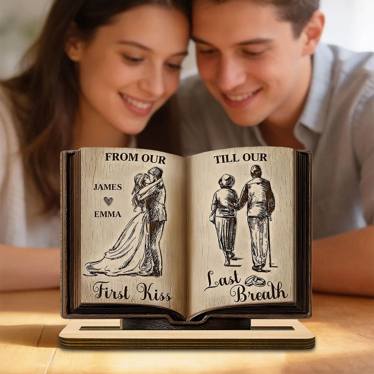 From Our First Kiss Till Our Last Breath Book Shape Wooden Plaque, Personalized Valentines Gift