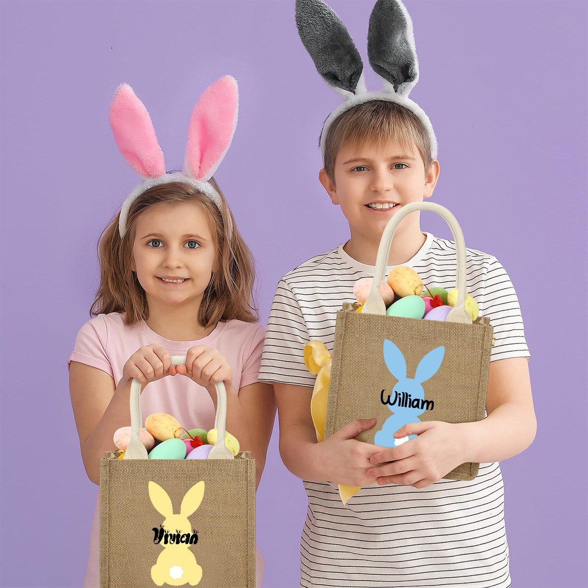 Personalized Easter Bunny Jute bag With Name, Kids Egg Hunt Bags, Easter Basket, Easter Gift Bags