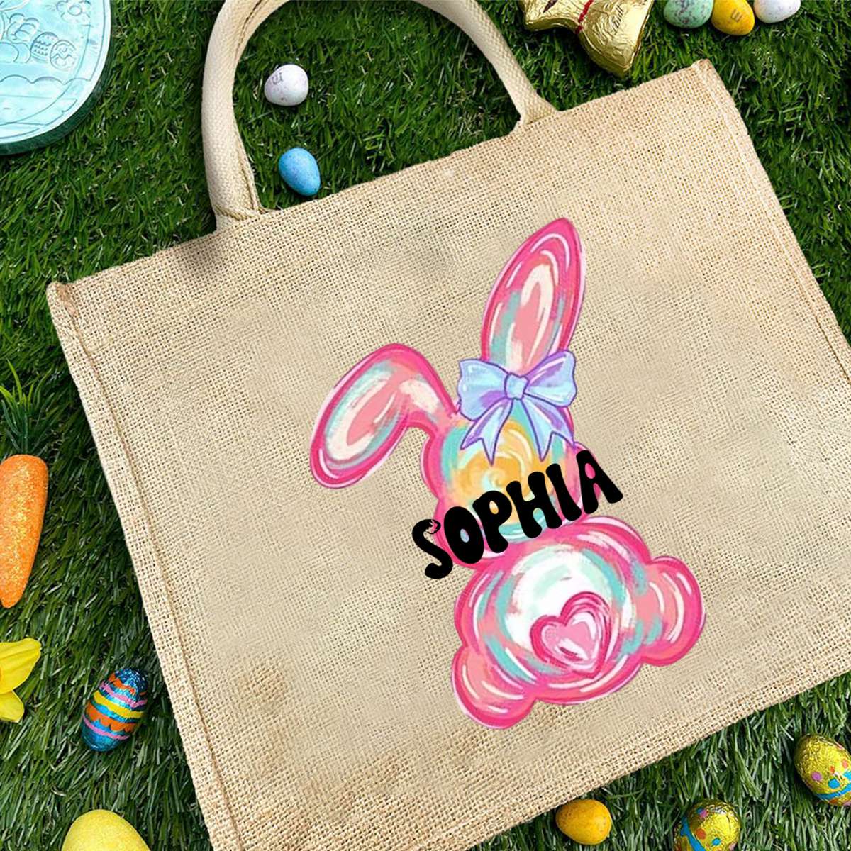 Personalized Easter Bunny Jute bag With Name, Kids Egg Hunt Bags, Easter Basket, Easter Gift Bags