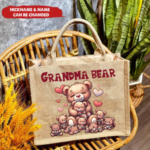 Personalized Grandma Bear With Cute Grandkids Jute Tote Bag