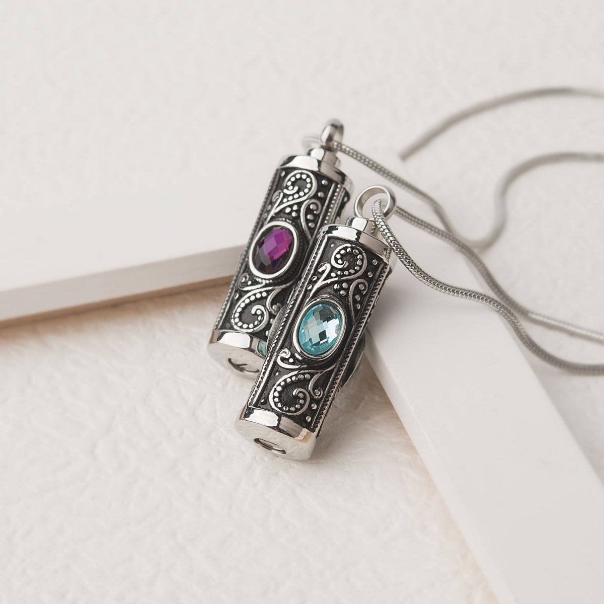 Personalized Gemstone Vintage Cylinder Urn Necklace for Ashes, Sympathy Gift for Pet Loss/Family/Friend/Lover