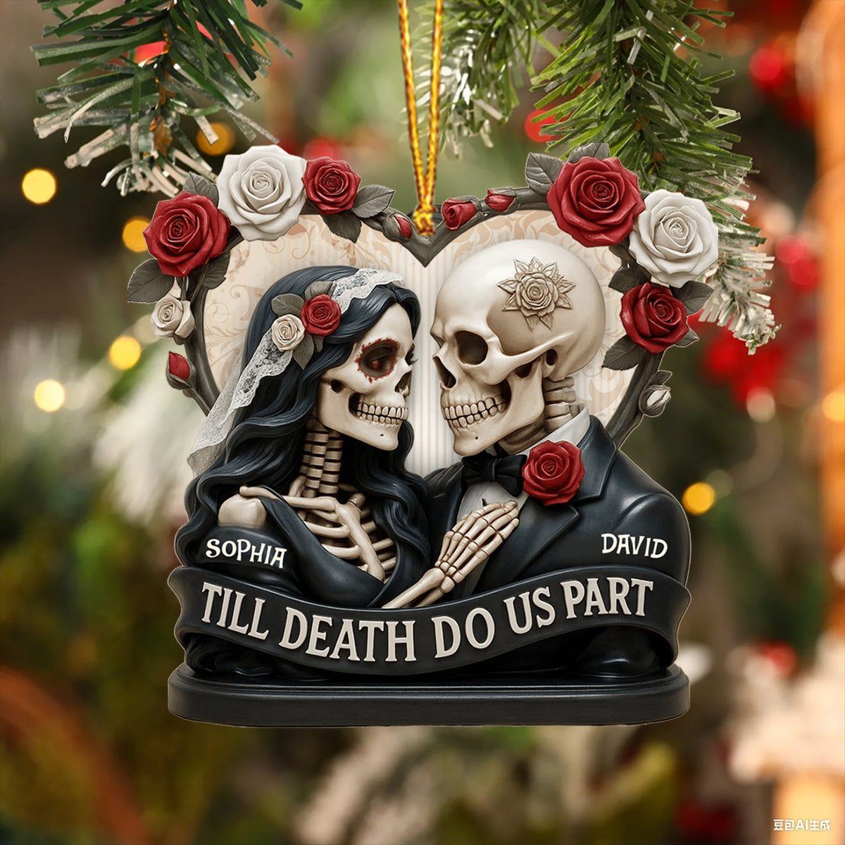 Till Death Do Us Part, Skeletons And Roses, Custom Acrylic Ornament, Personalized Gift For Couples and Art Lovers