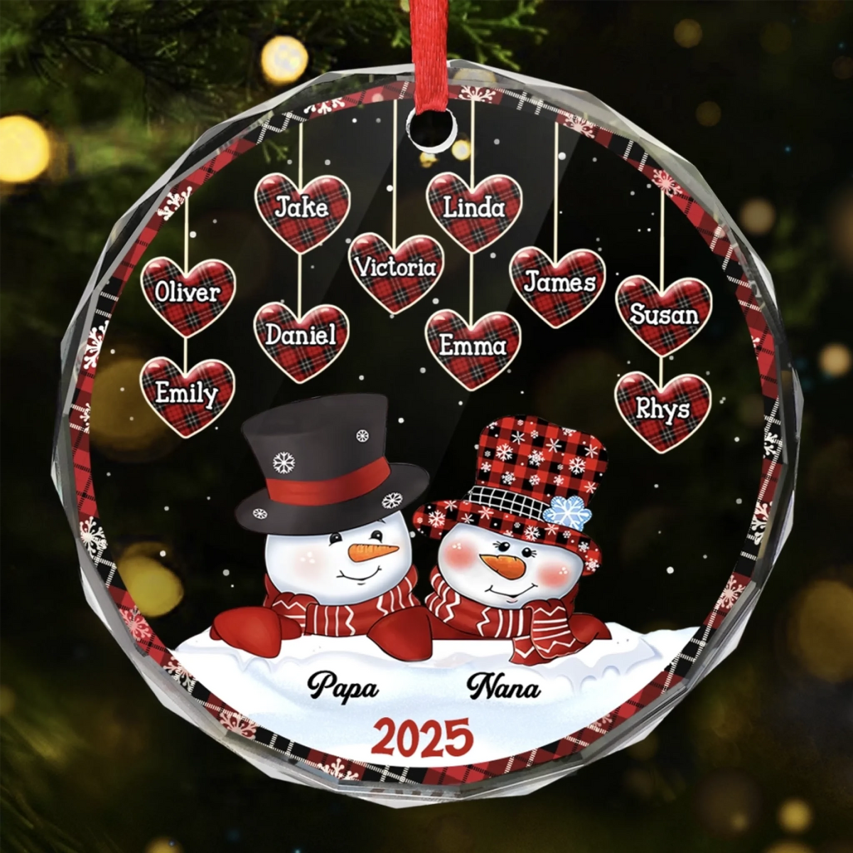 Family Snowman Personalized Circle Glass Ornament - Christmas Gift For Grandma, Grandpa