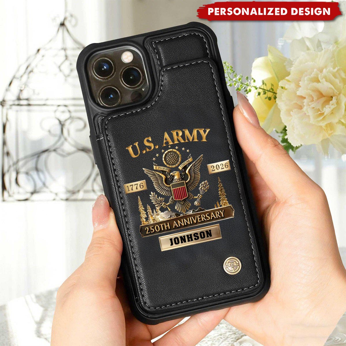 Personalized U.S. Army Leather Wallet Phone Case, 250th Anniversary Military Phone Case