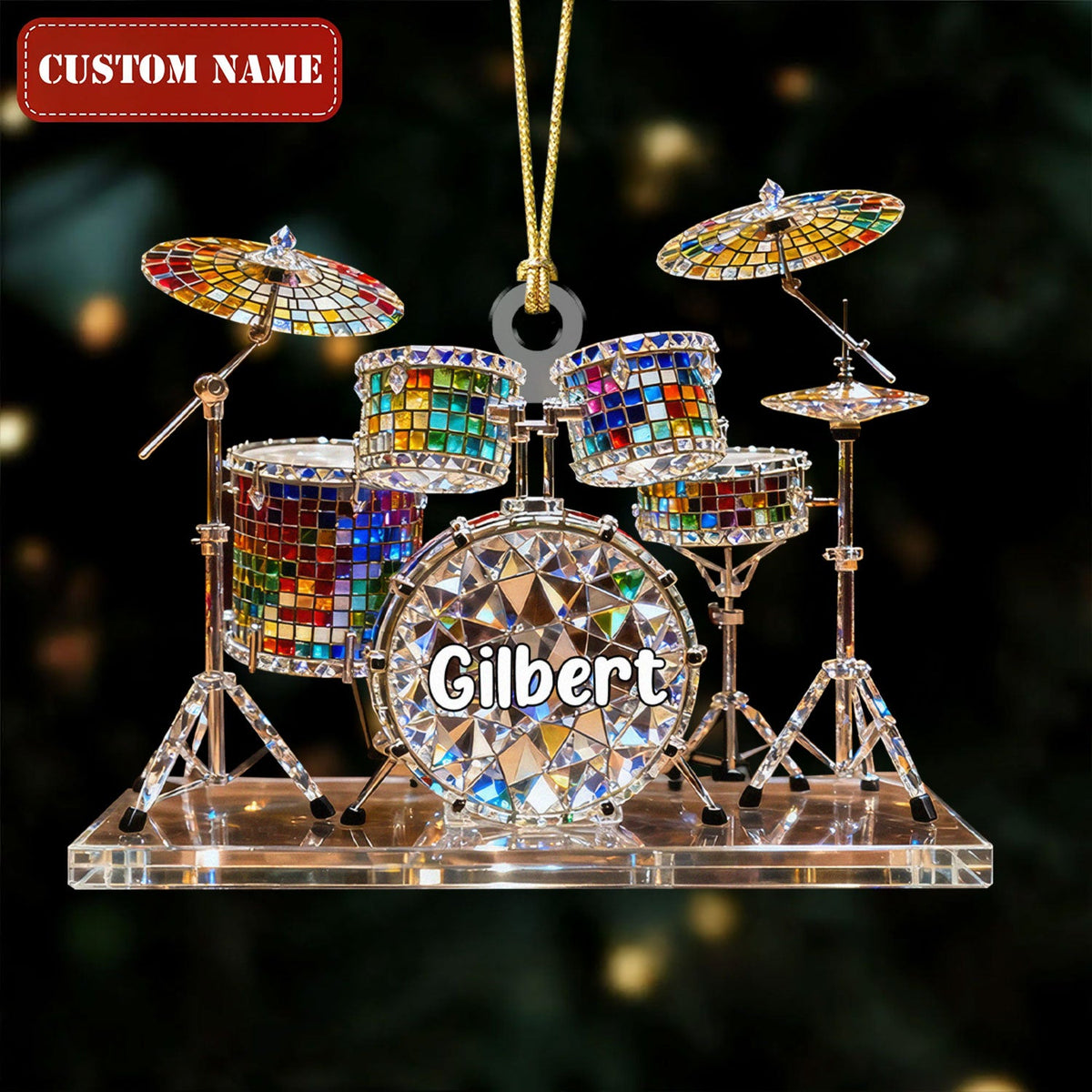 Drum Set Custom Name Stained Glass Effect Acrylic Christmas Ornament, Presents For Drummers