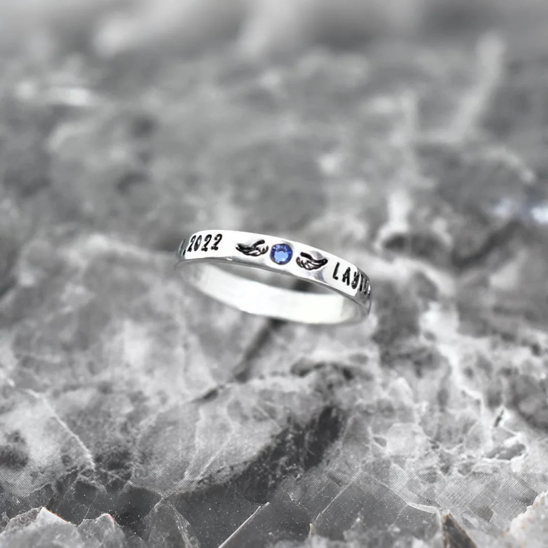 Personalized Memorial Birthstone Ring with Engraved Name & Date
