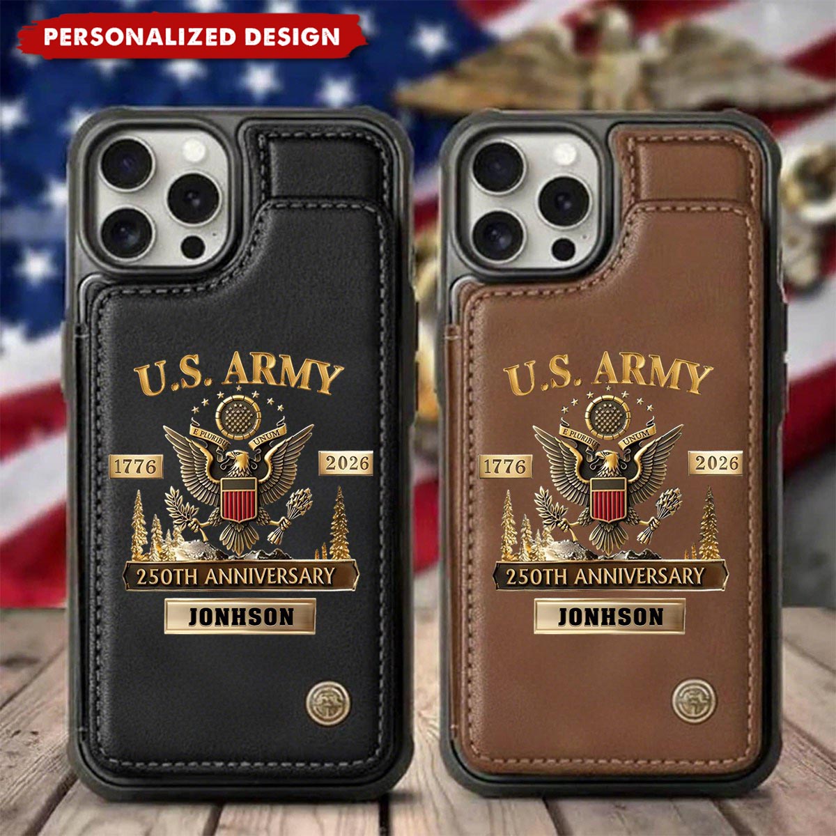 Personalized U.S. Army Leather Wallet Phone Case, 250th Anniversary Military Phone Case