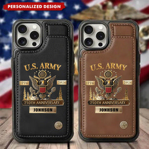 Personalized U.S. Army Leather Wallet Phone Case, 250th Anniversary Military Phone Case