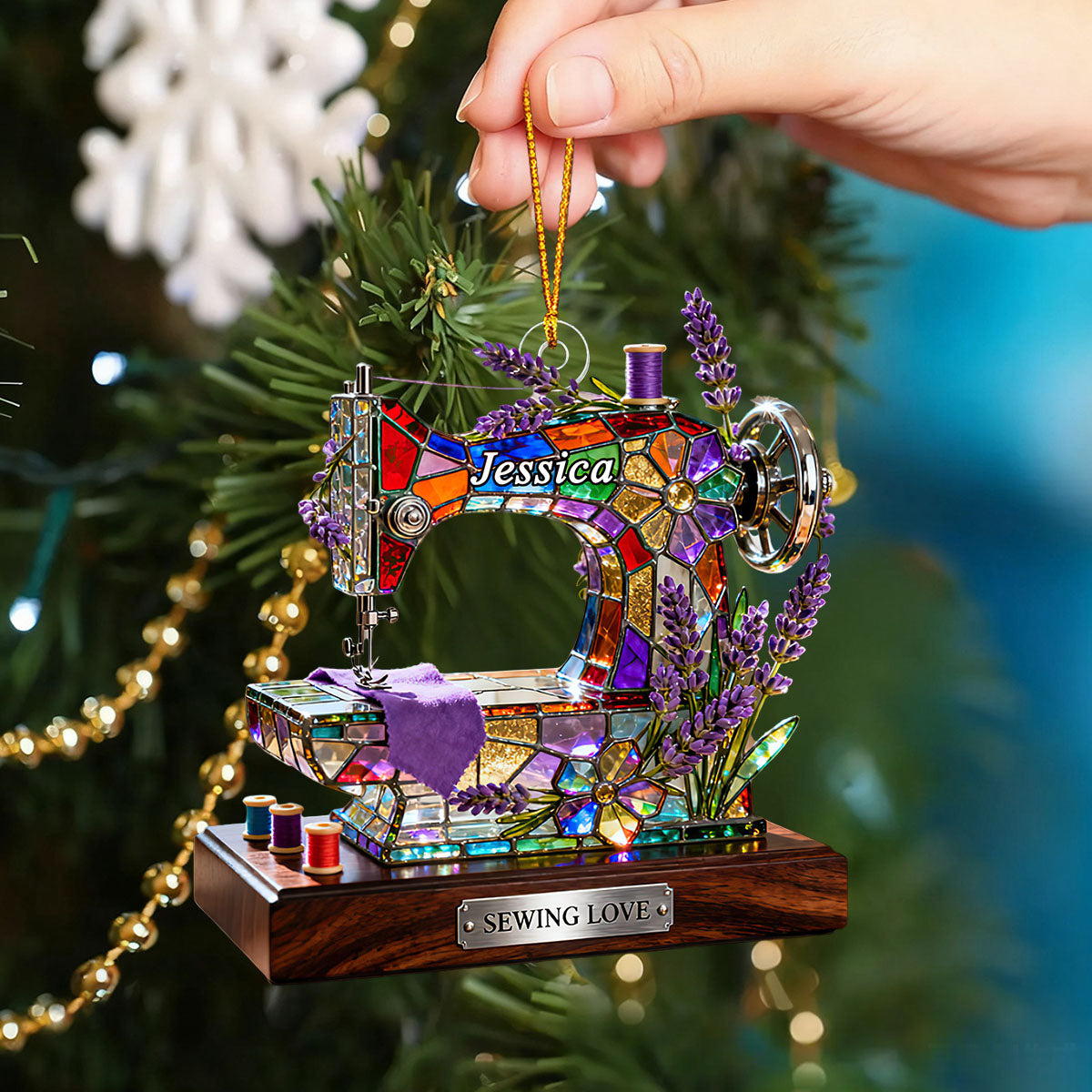 Personalized Stained Glass Effect Sewing Machine Themed Ornament
