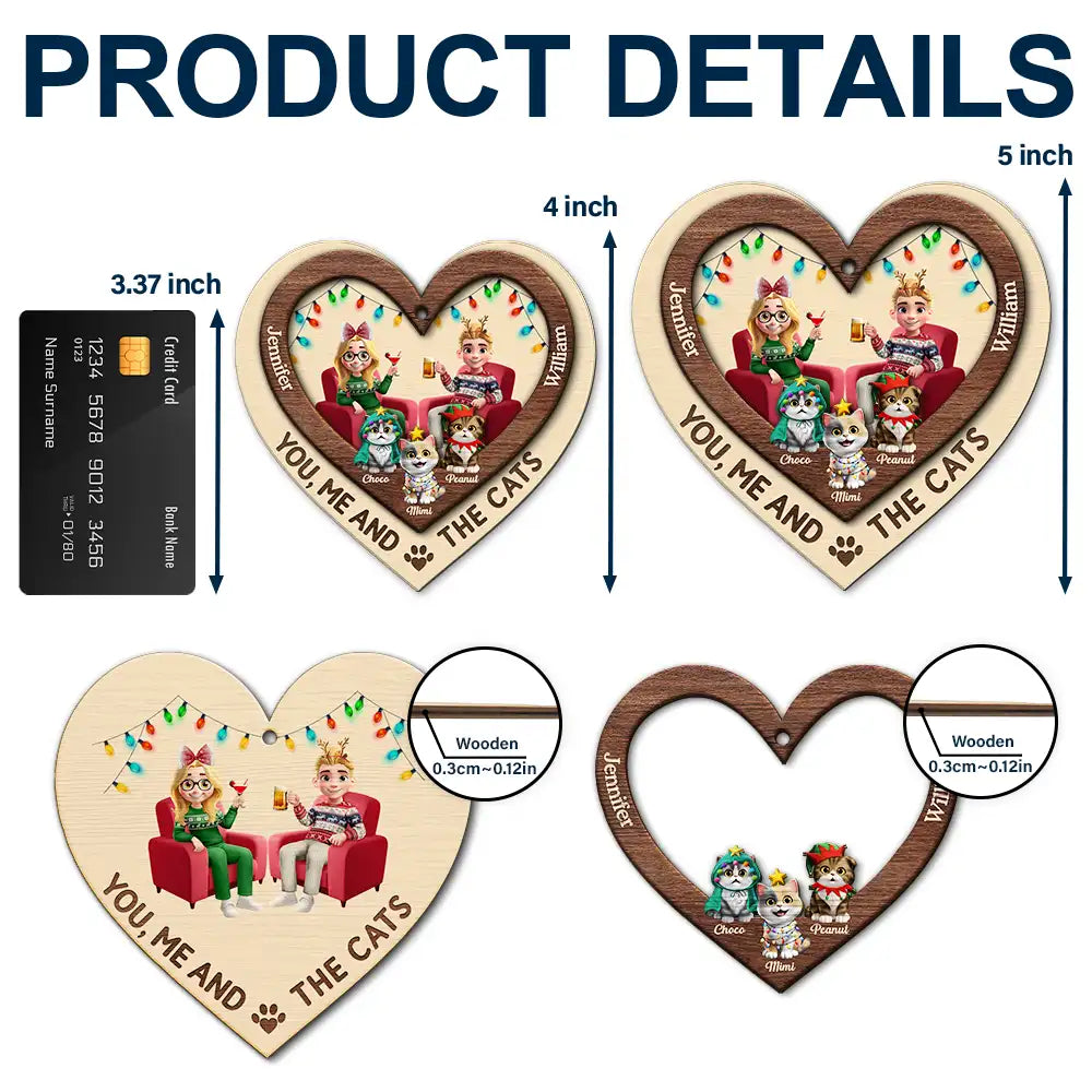 Heart You Me And The Cat - Personalized 2-Layered Wooden Ornament Gift For Cat Lover Couple