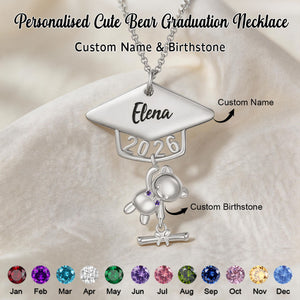 Class of 2026 Graduates Engraved Name and Birthstone Personalised Cute Bear Graduation Necklace