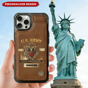 Personalized U.S. Army Leather Wallet Phone Case, 250th Anniversary Military Phone Case