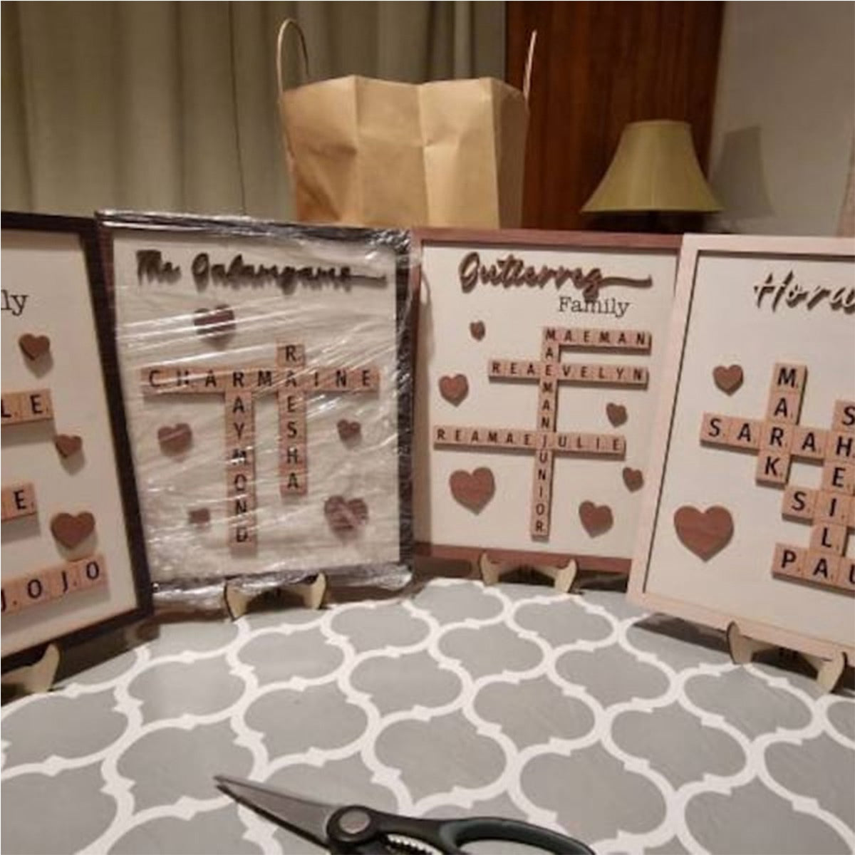 Personalized Puzzle Crossword scrabble board, Custom Family name 2-Layered Wooden Plaque With Stand