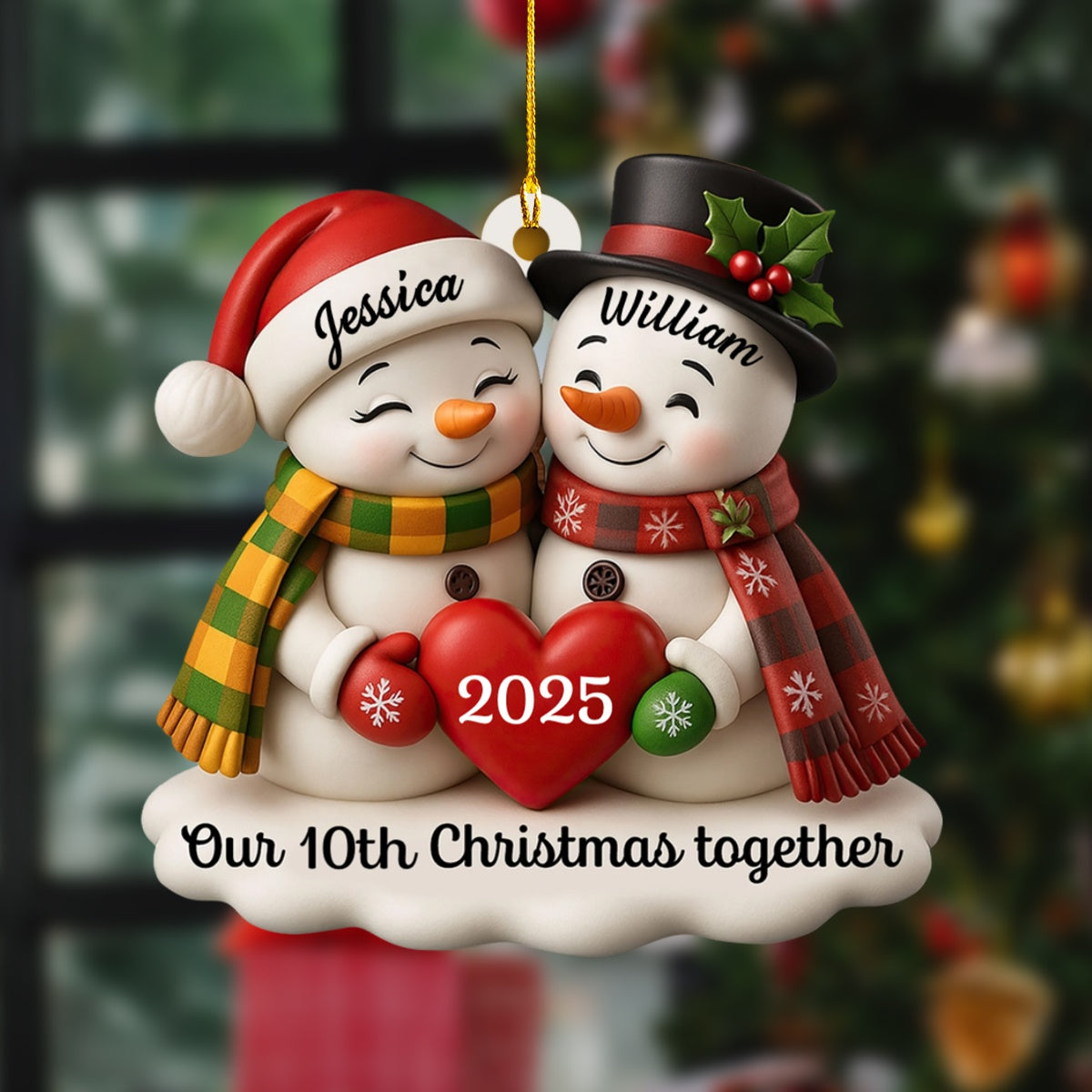 Our Christmas Together, Snowmen With Hearts and Holly, Personalized Acrylic Ornament, Gift for Couples and Family