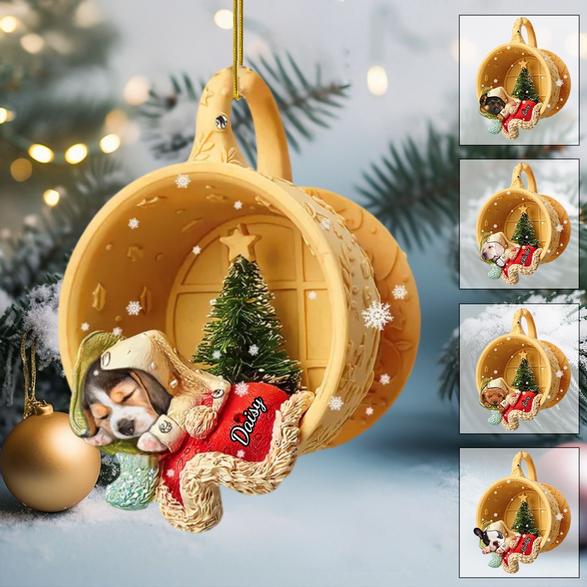 Personalized Dog Sleeping In A Tiny Cup Christmas Holiday-Two Sided Ornament