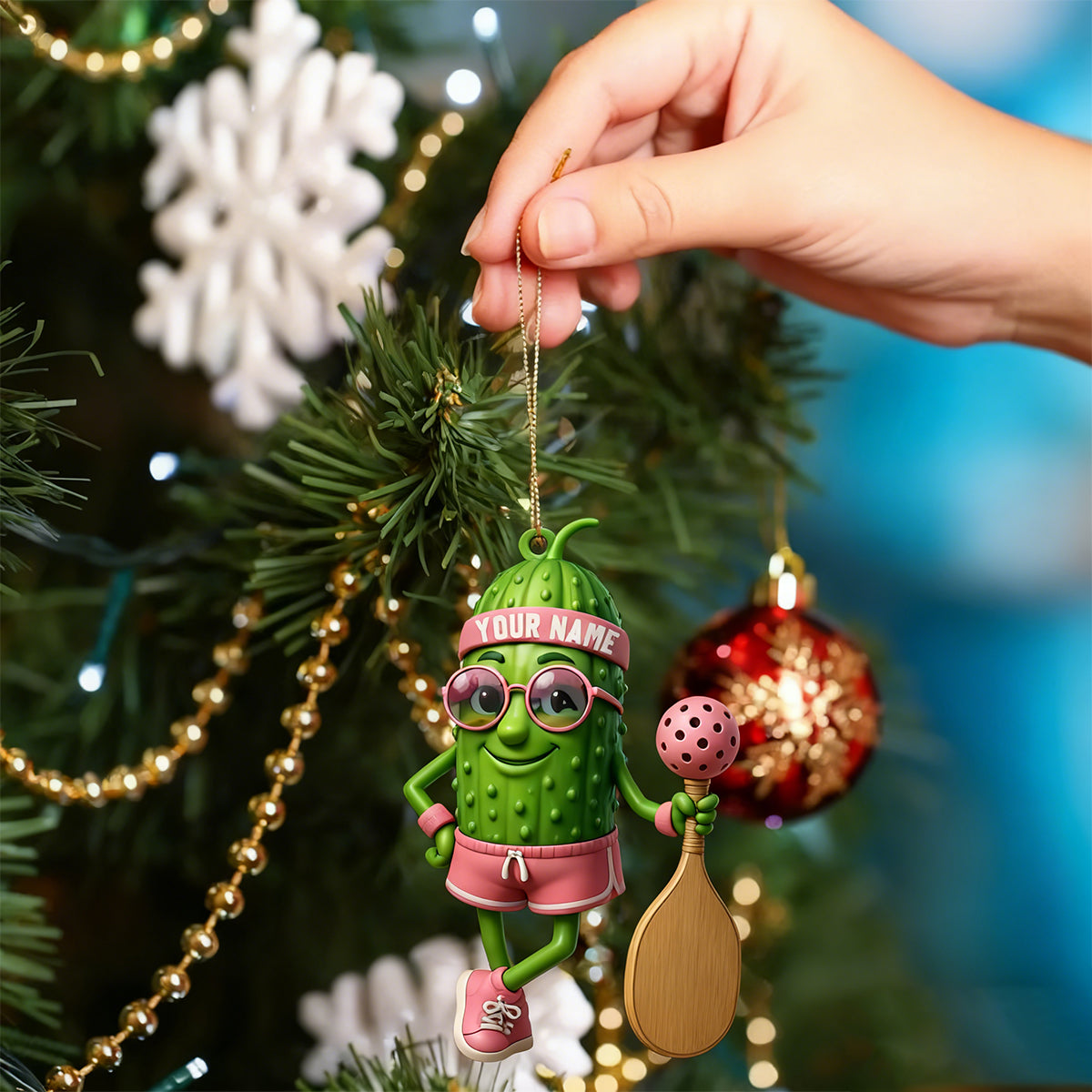 Personalized Sporty Cucumber Pickleball Christmas Acrylic Ornament