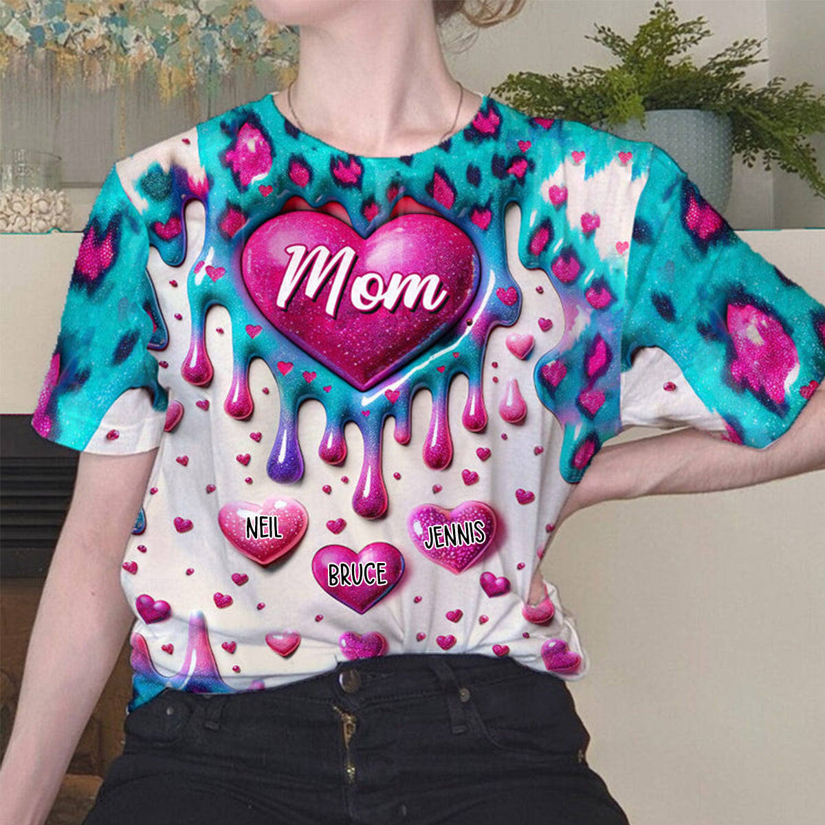 Personalized 3D Coloful Sweet Heart Dripping All-over Print T Shirt