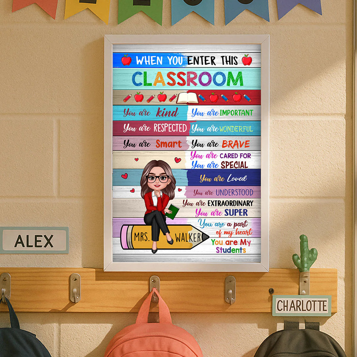 Colorful Teacher Sitting On Pencil Personalized Poster Classroom Decoration Gift For Teacher