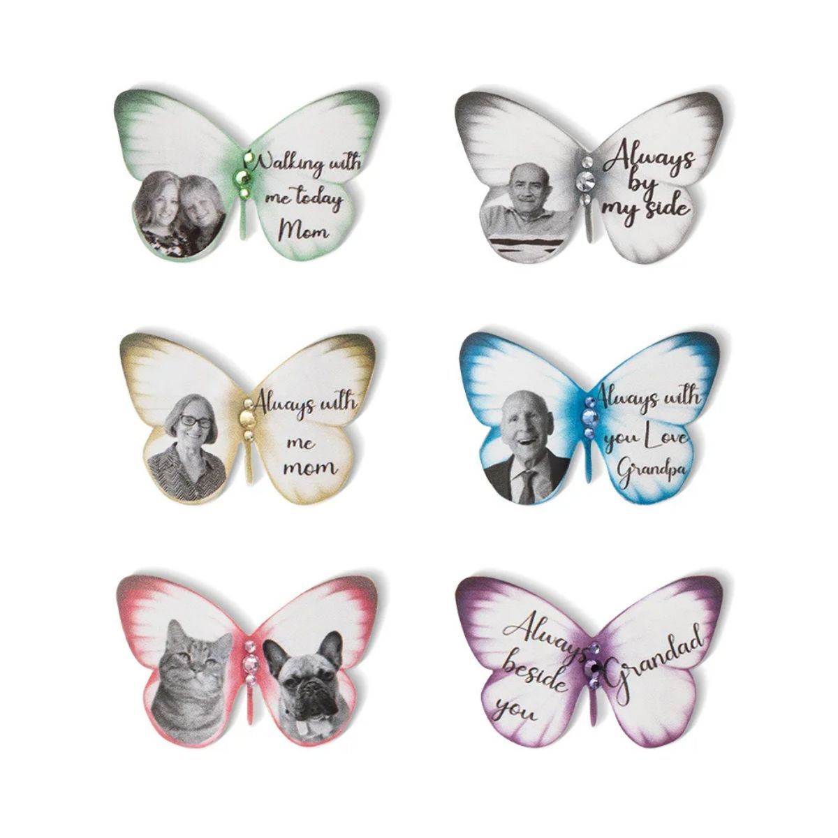 Personalized Silk Butterfly Memorial Brooch Pin with Words Photo and Crystal