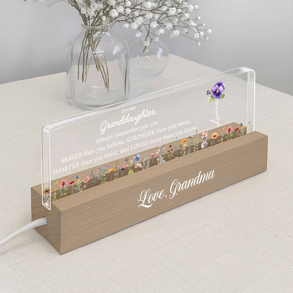 To My Granddaughter Always Remember You Are Braver Flowers, Personalized LED Night Light With Wooden Base, Gift For Granddaughters