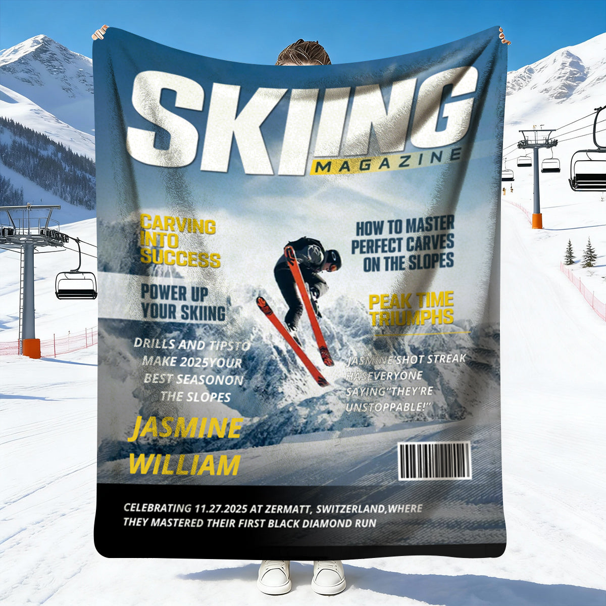 Personalized Skiing Magazine Cover Blanket Skiing Player Gift, Unique Gifts For Skiing Player