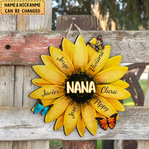 Personalized Mom Grandma Family Sunflower Shaped Wood Sign