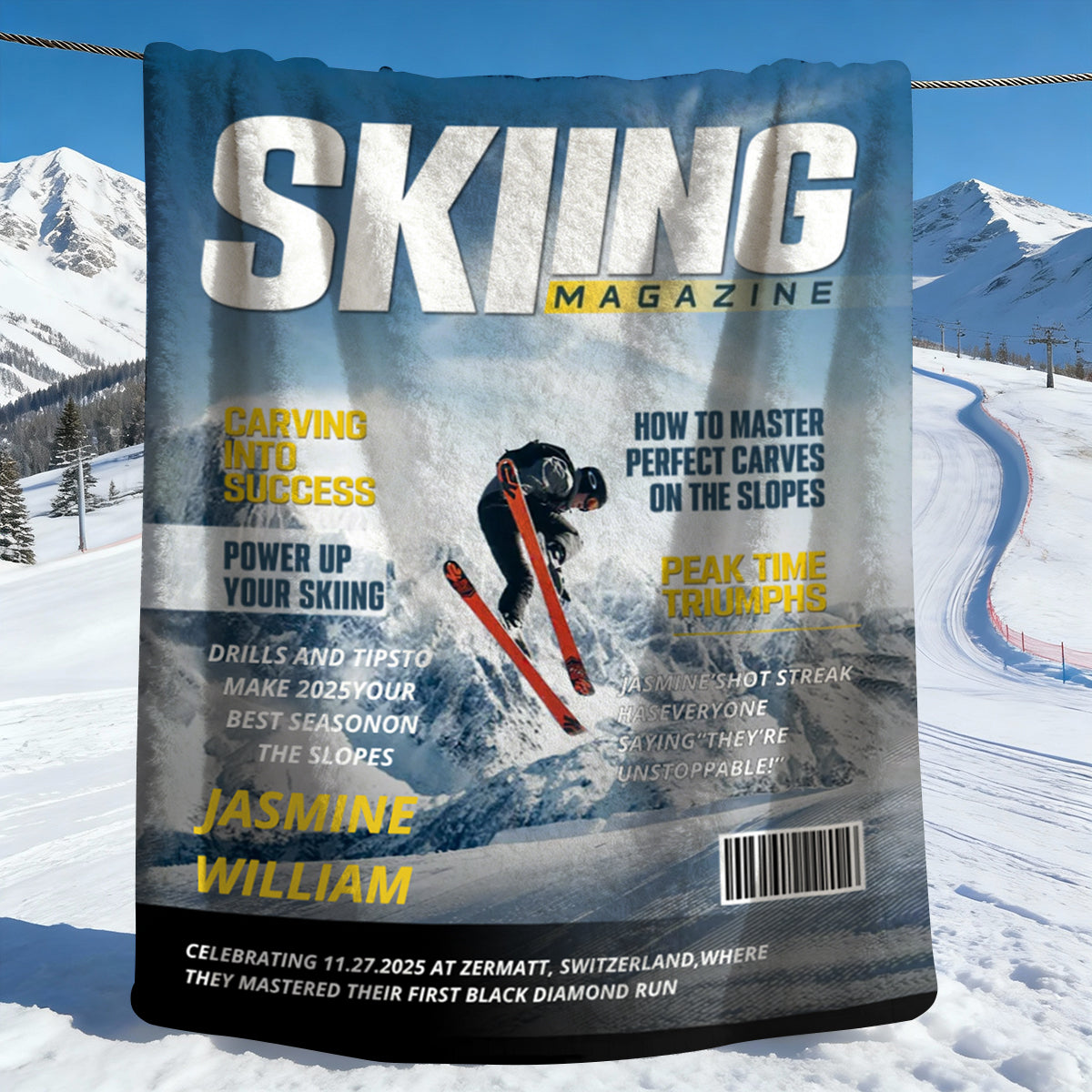 Personalized Skiing Magazine Cover Blanket Skiing Player Gift, Unique Gifts For Skiing Player