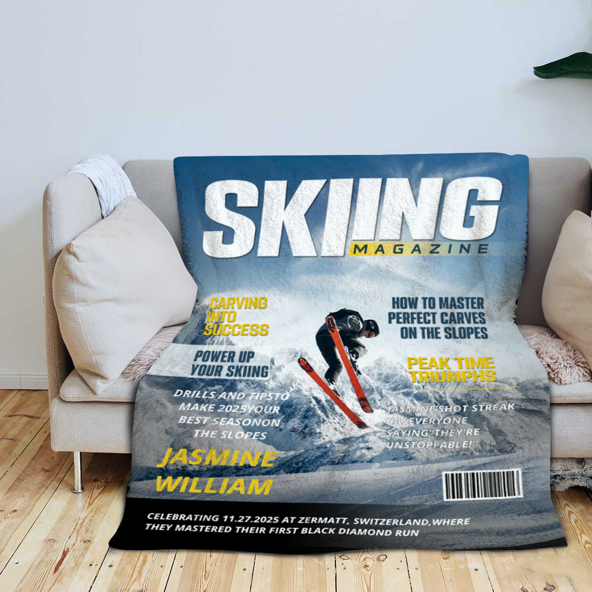 Personalized Skiing Magazine Cover Blanket Skiing Player Gift, Unique Gifts For Skiing Player