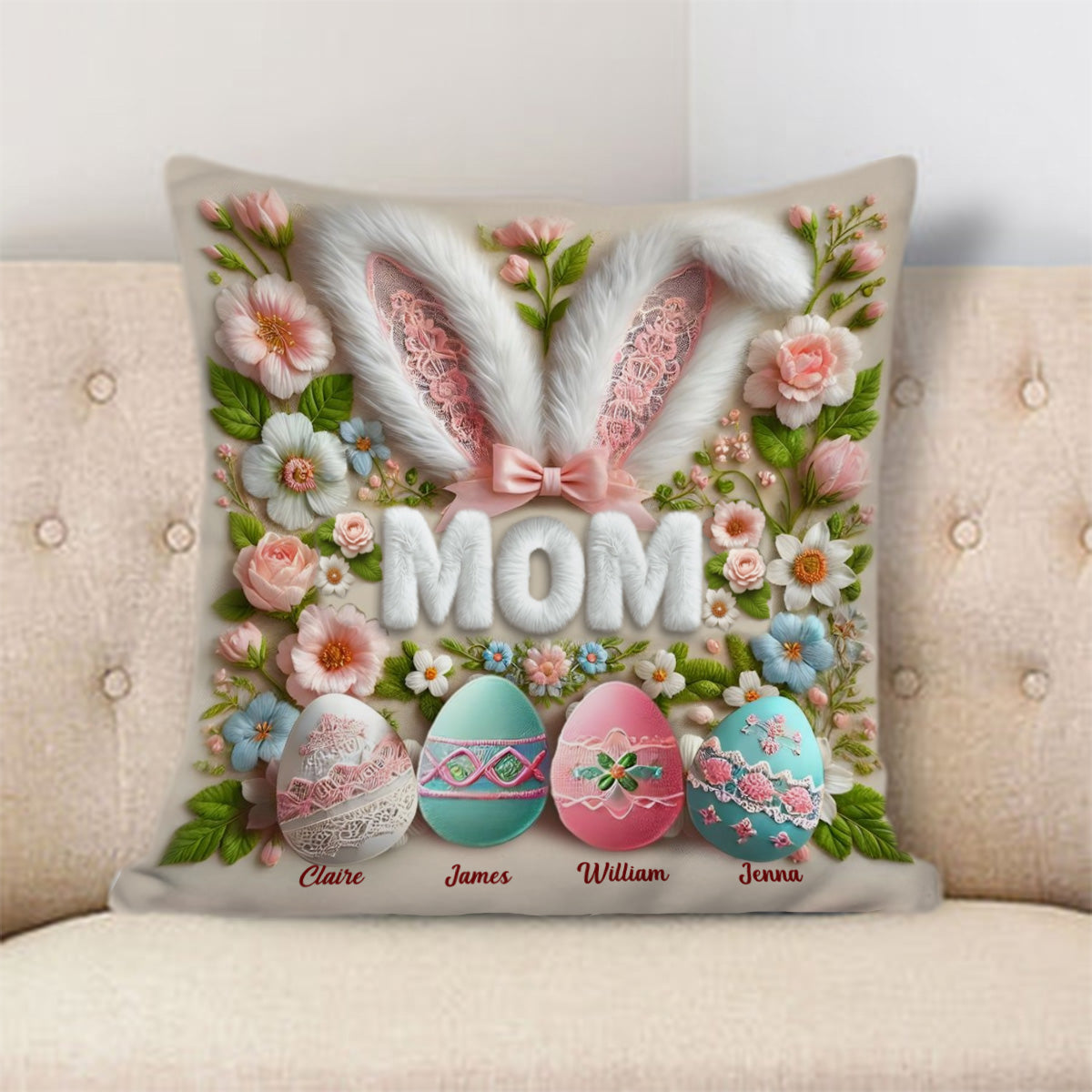 Personalized Easter Bunny Grandma Pillow - Custom Name Throw Pillow Gift for Grandma, Mother's Day